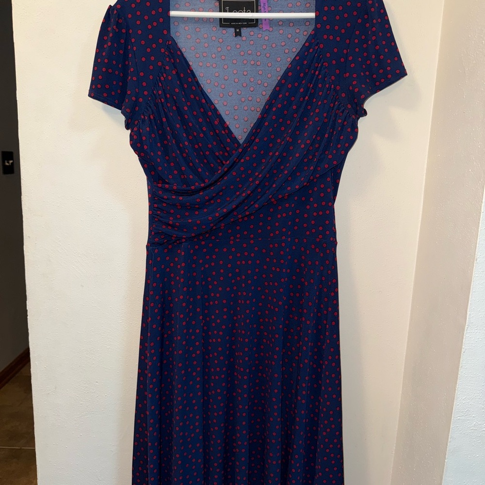 Leota Navy Dress with Red Polka Dots